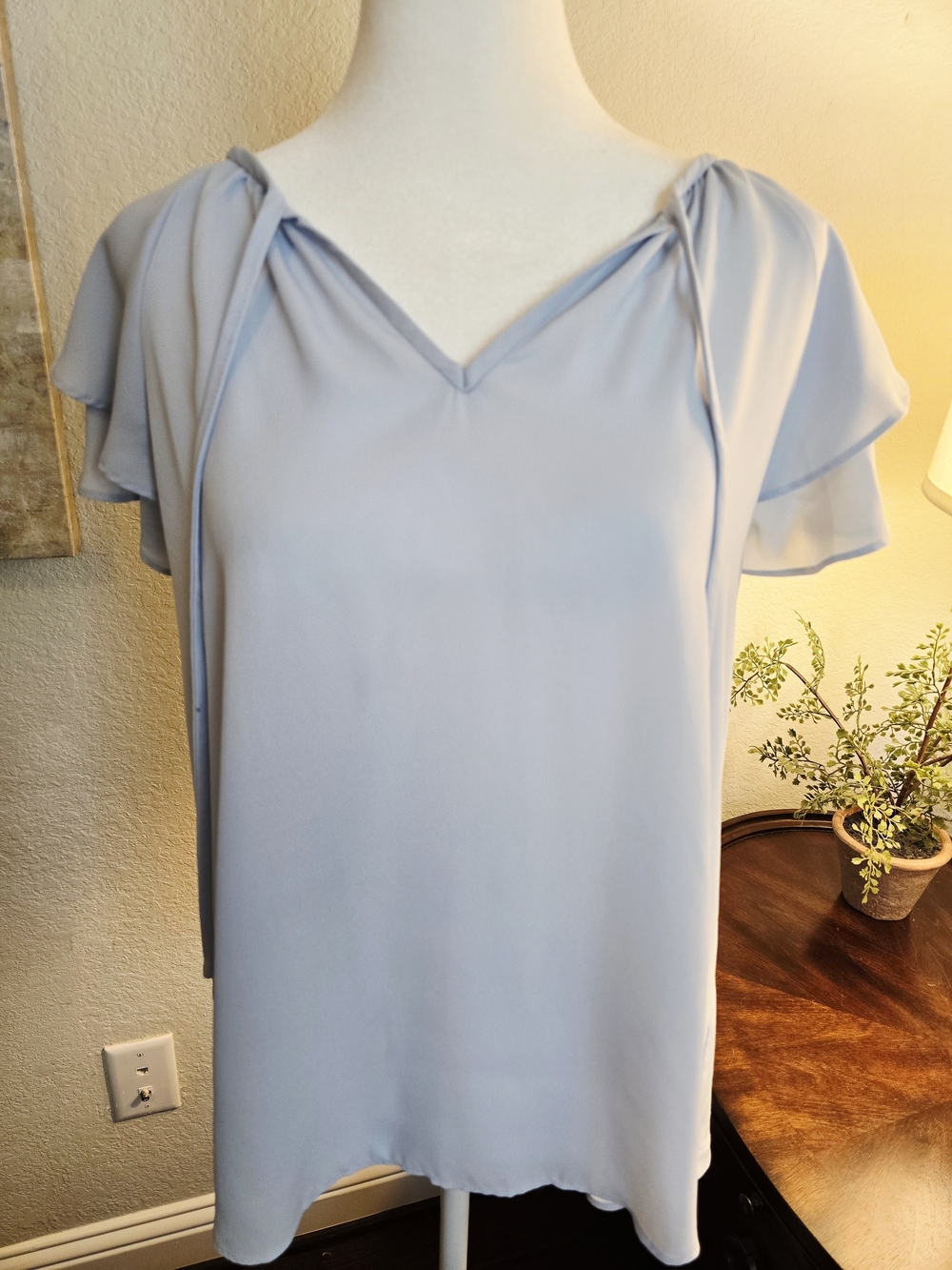 Ann Taylor Soft Sky Blue V-Neck Tie Shoulder Blouse